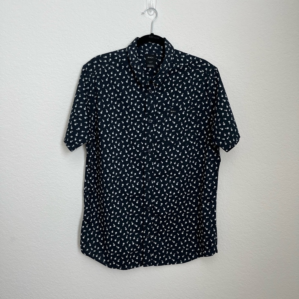 RVCA navy blue flower print button up collared short sleeve shirt L